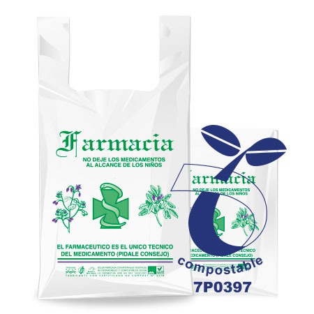 Bolsas de plástico compostable y biodegradable para farmacia, impresas con un diseño tradicional y genérico para farmacias.